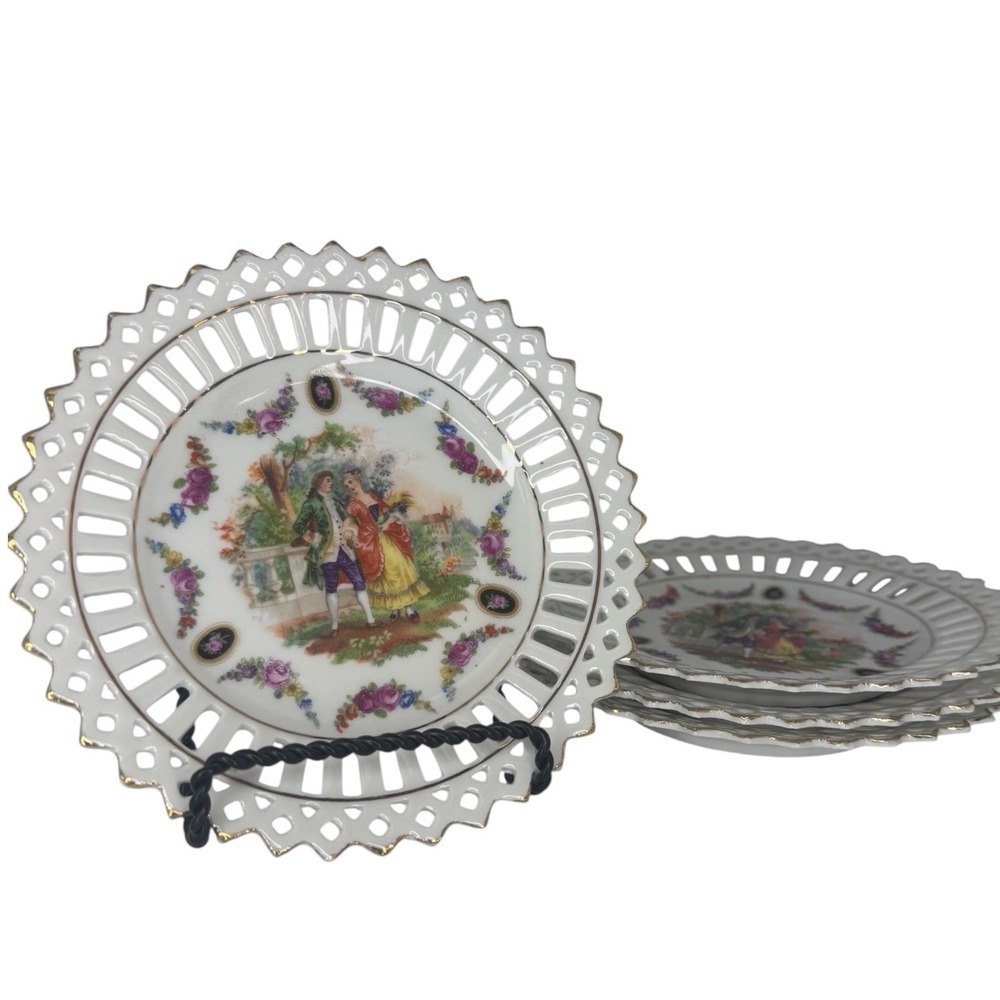 Courting‎ Couple Reticulated Porcelain Plates Floral Set of 4 Vintage Germany